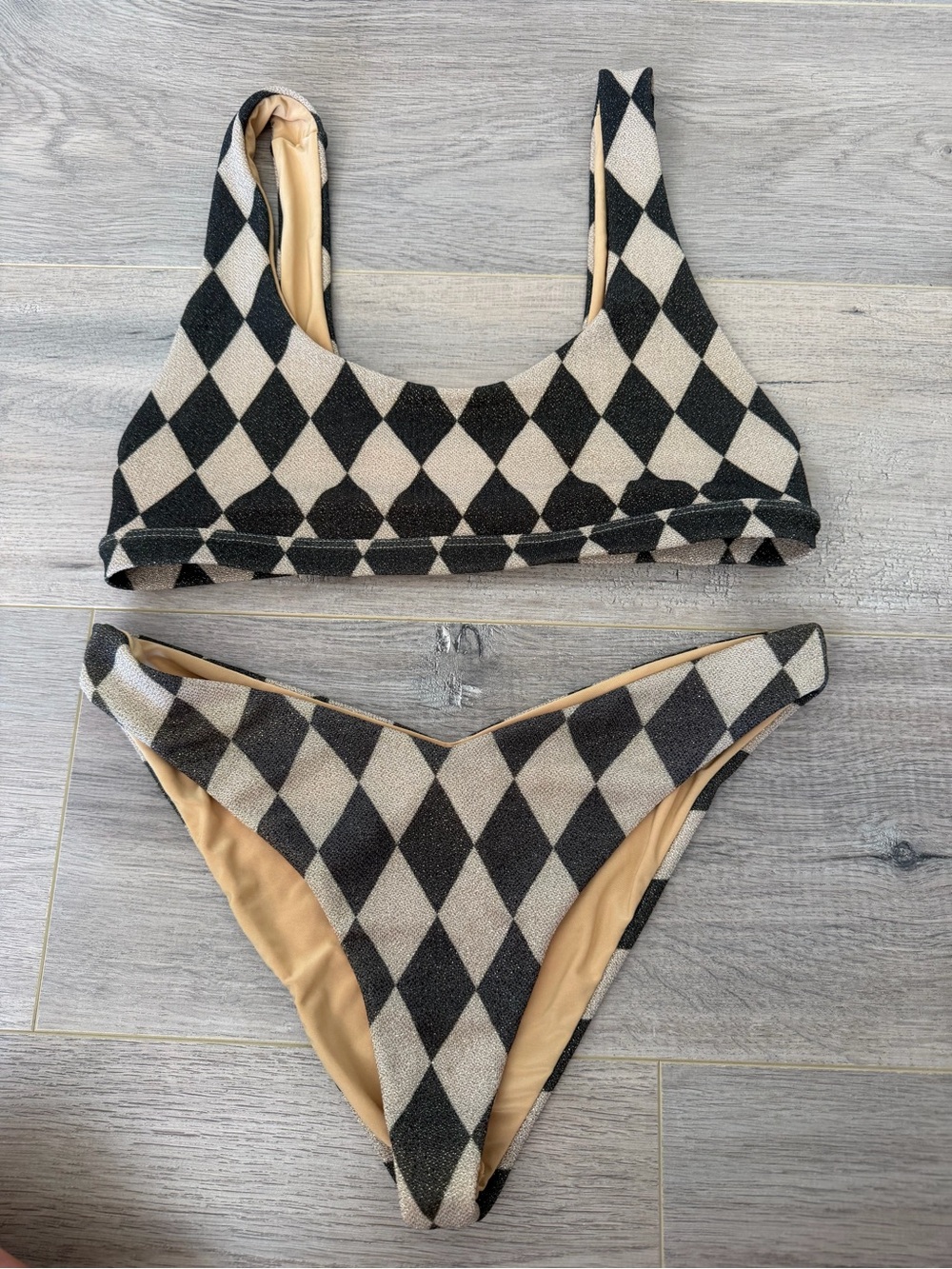 Beach Riot Black and Beige Diamond-Print Bikini Set